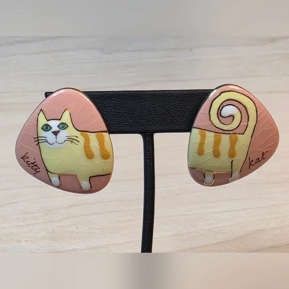 Unique And Whimsical Laurel Burch 90s Style Cat Or Kitty Kat Pierced Earrings - Picture 9 of 14